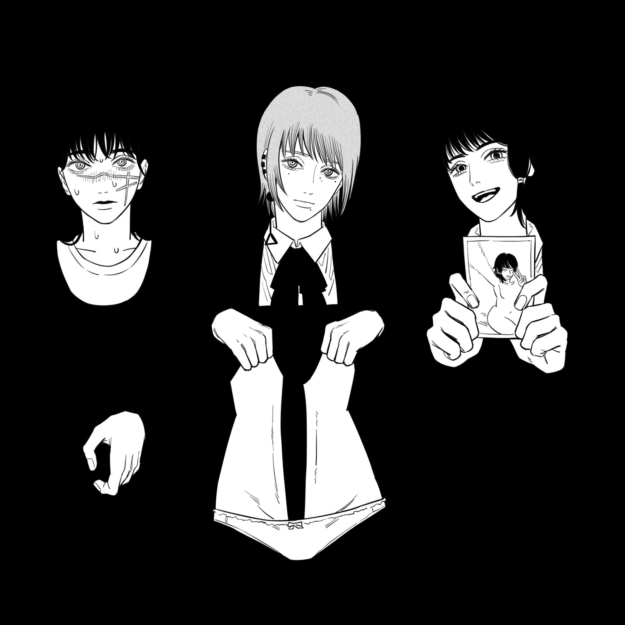 kiunchiku, death devil (chainsaw man), fami (chainsaw man), mifune fumiko, yoru (chainsaw man), chainsaw man, highres, 3girls, clothes lift, collared shirt, dress, dress lift, earrings, facial scar, fourth east high school uniform, greyscale, holding, holding photo, jewelry, looking at viewer, medium hair, monochrome, multiple girls, panties, photo (object), polaroid photo, ringed eyes, scar, scar on cheek, scar on face, scar on nose, school uniform, shirt, underwear
