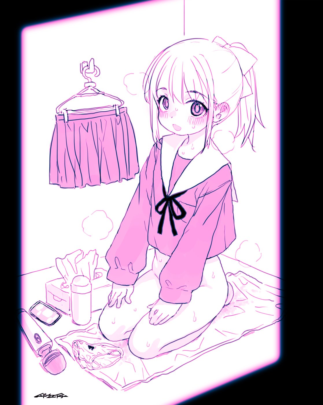mudou eichi, highres, 1girl, blush, bow, breath, clothes hanger, ear blush, flat chest, hair bow, holding, holding clothes hanger, imminent masturbation, no panties, panties, ponytail, school uniform, seiza, serafuku, sex toy, simple background, sitting, solo, tissue box, underwear, vibrator