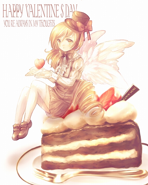 yukise miyu, original, bad id, bad pixiv id, 1girl, brown eyes, brown hair, cake, female focus, food, fork, happy valentine, hat, heart, in food, mini person, minigirl, on plate, pastry, solo, thighhighs, valentine