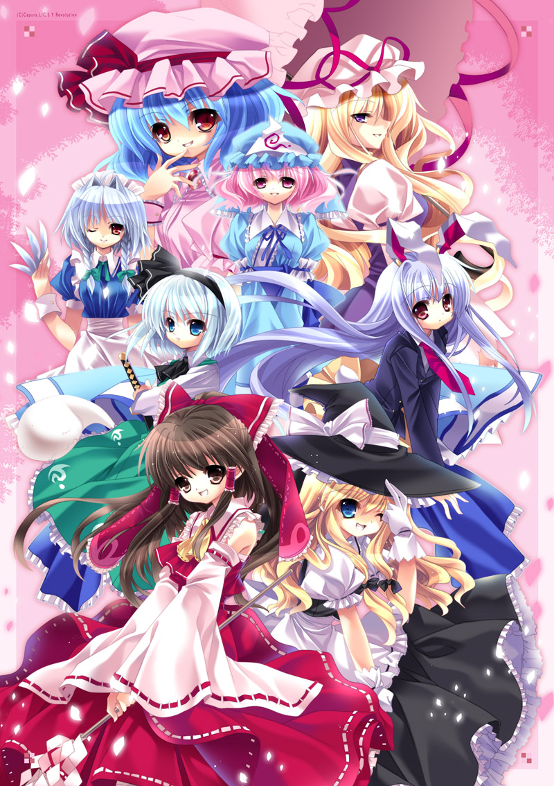 capura lin, flandre scarlet, hakurei reimu, izayoi sakuya, kirisame marisa, konpaku youmu, konpaku youmu (ghost), reisen udongein inaba, remilia scarlet, saigyouji yuyuko, yakumo yukari, touhou, 6+girls, animal ears, apron, arm garter, black dress, blonde hair, blue dress, blue hair, blush, bow, braid, dagger, detached sleeves, dress, female focus, floating, frills, ghost, gloves, grin, hair bow, hair ribbon, hairband, hat, hitodama, holding, holding weapon, japanese clothes, kimono, knife, long sleeves, looking at viewer, maid headdress, mob cap, multiple girls, puffy short sleeves, puffy sleeves, rabbit ears, red bow, red eyes, red hair, ribbon, short hair, short sleeves, smile, teeth, triangular headpiece, twin braids, waist apron, weapon, white gloves, witch hat, wrist cuffs