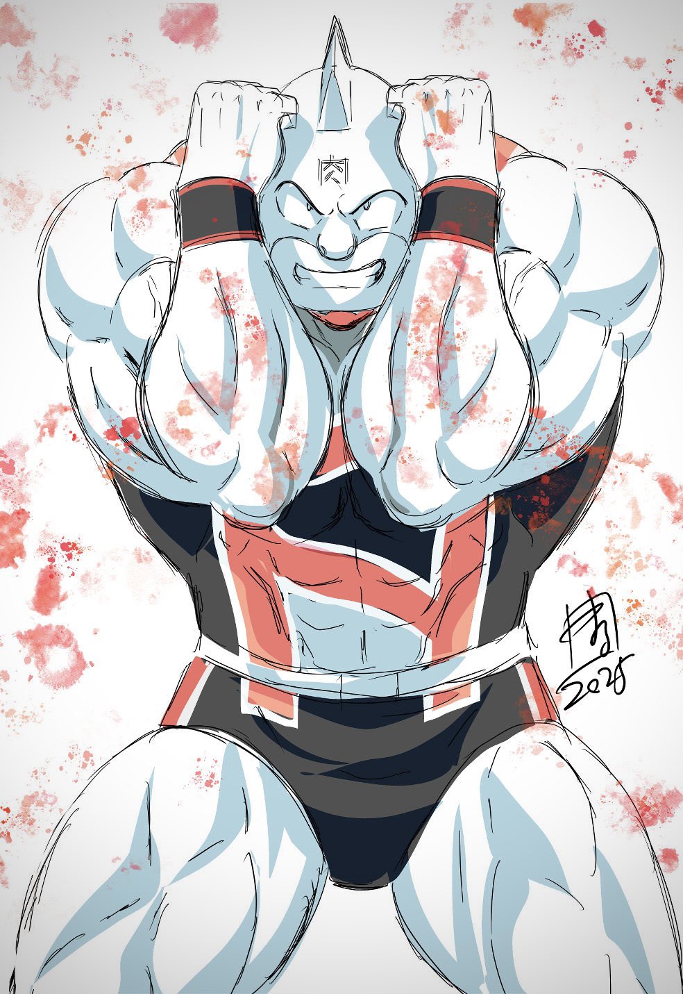 marufuji hirotaka, kinniku suguru, kinnikuman (character), kinnikuman, highres, 1boy, 2025, biceps, border, clenched hands, dated, grin, large pectorals, looking at viewer, manly, mask, monochrome, muscular, pectorals, retro artstyle, serious, smile, solo, standing, wrestling, wrestling mask, wrestling outfit