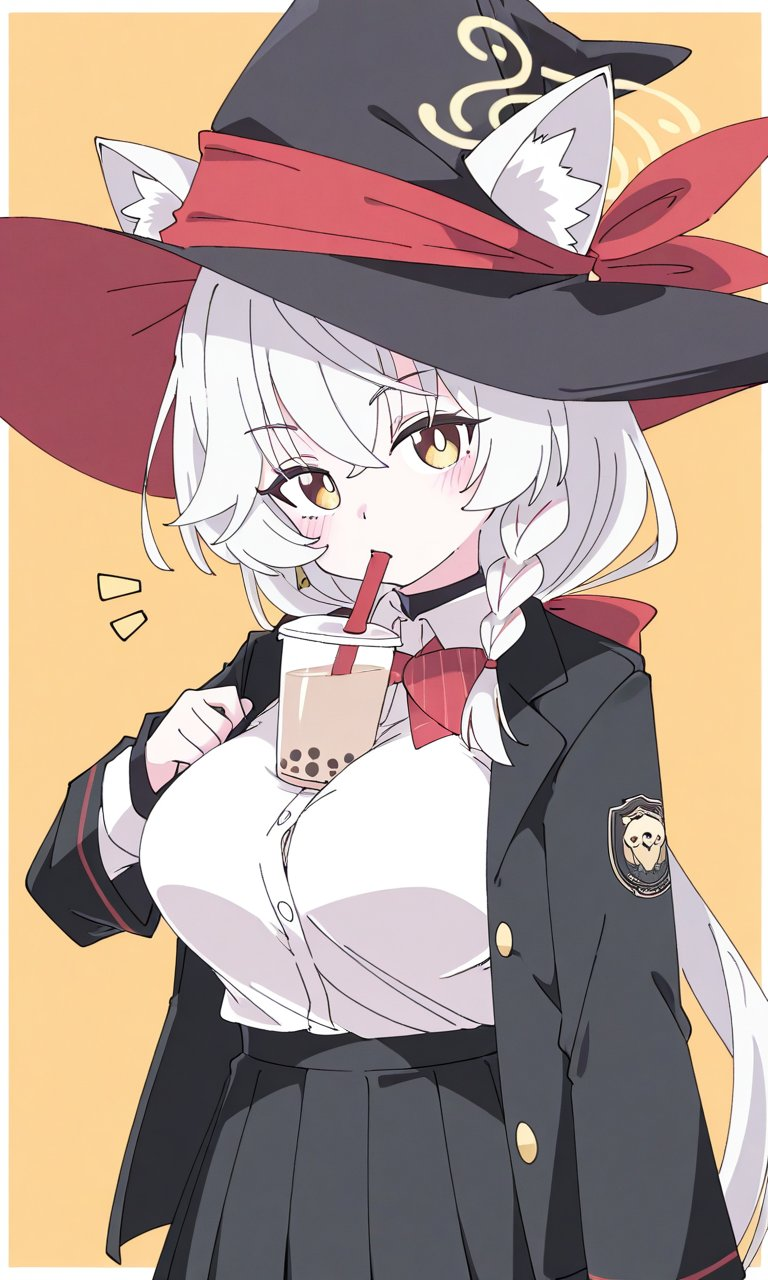 eri (blue archive), blue archive, ai-generated, animal ears, between breasts, bow, bowtie, braid, breasts, cat ears, drinking straw, drinking straw in mouth, halo, hat, head tilt, jacket, long coat, long hair, milk tea, orange background, orange eyes, shirt, skirt, sweater, white hair, witch hat