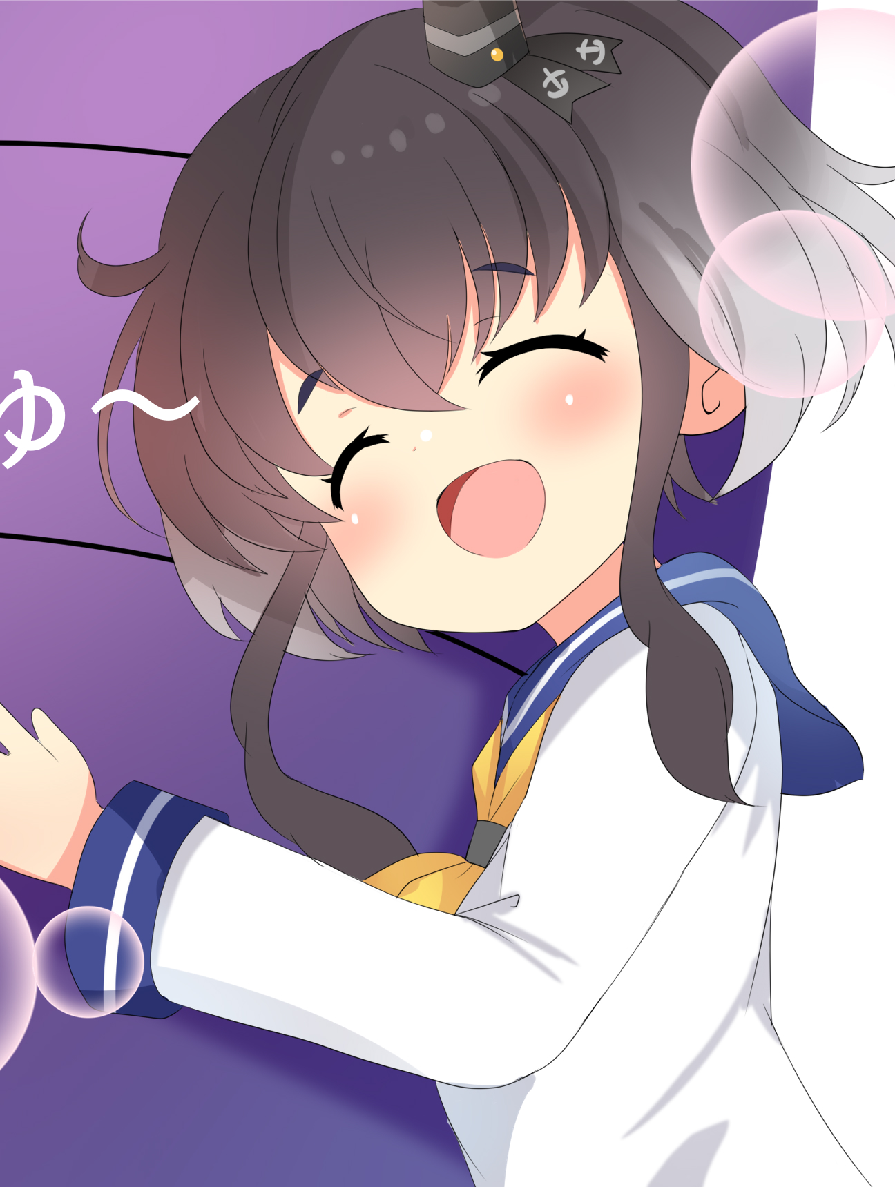 aru (arudes), arbok, tokitsukaze (kancolle), kantai collection, nintendo, pokemon, commentary request, highres, 1girl, ^ ^, anchor symbol, black hair, blue sailor collar, blush, closed eyes, crossover, dress, gen 1 pokemon, gradient hair, grey hair, hair between eyes, hat, long sleeves, mini hat, multicolored hair, neckerchief, open mouth, pokemon (creature), sailor collar, sailor dress, short hair with long locks, solo focus, yellow neckerchief