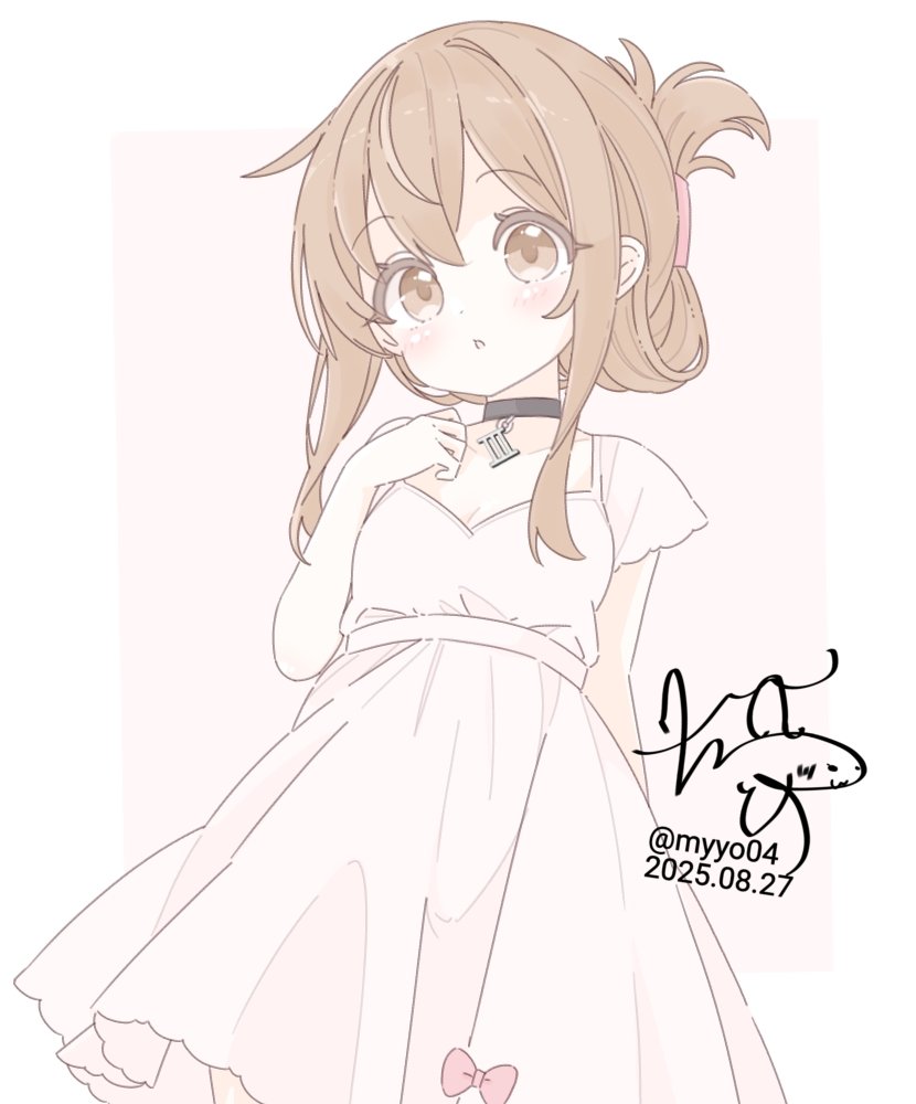 chame (myyo04), inazuma (kancolle), kantai collection, commentary, artist name, black choker, bow, brown eyes, brown hair, choker, dated, dress, looking at viewer, open mouth, ponytail, signature, simple background, twitter username