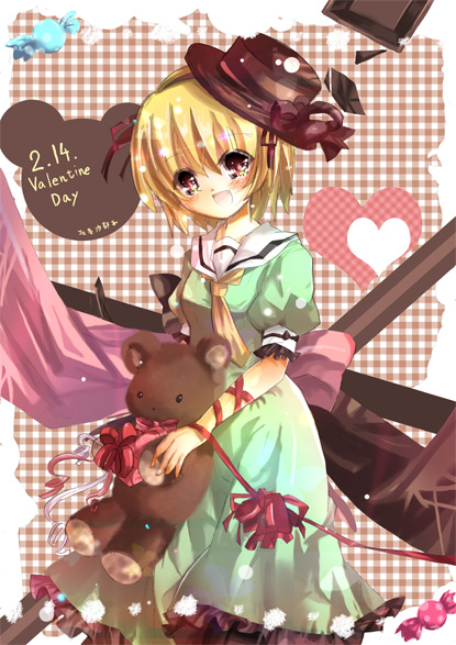 aquamarine, houjou satoko, higurashi no naku koro ni, 00s, 1girl, black pantyhose, blonde hair, female focus, hat, pantyhose, school uniform, serafuku, solo, stuffed animal, stuffed toy, teddy bear, valentine