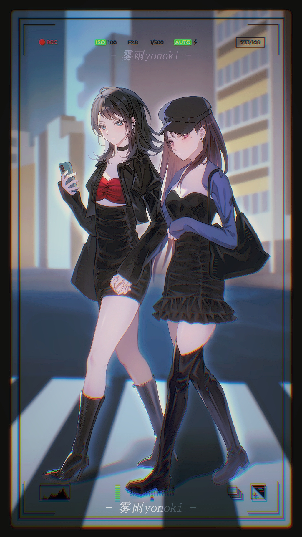 kisameyonoki, shiina taki, yahata umiri, bang dream!, bang dream! it's mygo!!!!!, chinese commentary, commentary request, highres, 2girls, artist name, black bag, black boots, black border, black choker, black dress, black hair, black hat, black skirt, boots, border, breasts, brown hair, building, choker, chromatic aberration, closed mouth, crop top, crosswalk, dress, earrings, full body, hand up, hat, high heels, holding, holding hands, holding phone, interlocked fingers, jewelry, knee boots, long hair, long sleeves, looking at viewer, medium breasts, medium hair, mole, mole under eye, multiple girls, outdoors, phone, purple eyes, recording, road, skirt, standing, street, walking