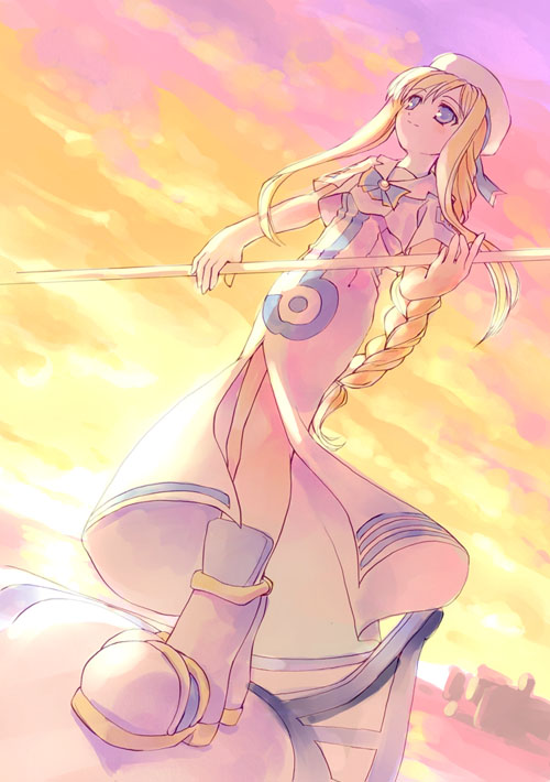 takoyaki (roast), alicia florence, aria (manga), 00s, 1girl, beret, blonde hair, blouse, boots, dress, evening, female focus, from below, gondola, hat, holding, holding oar, long hair, oar, shirt, sidelocks, solo, standing, twilight, very long hair, white shirt