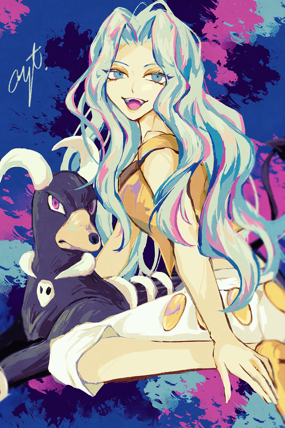houndoom, karen (pokemon), nintendo, pokemon, pokemon gsc, commentary request, highres, 1girl, blue eyes, blue hair, eyelashes, feet out of frame, gen 2 pokemon, kneeling, long hair, looking at viewer, open mouth, pants, pokemon (creature), shiratama14, shirt, shoes, signature, white pants, yellow shirt, yellow shoes