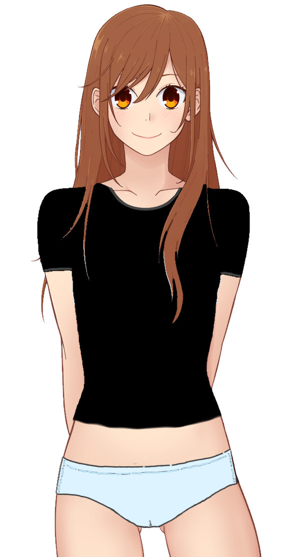 hori kyouko, non-web source, black shirt, breasts, brown eyes, brown hair, panties, shirt, small breasts, smile, standing, underwear