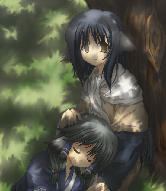 aruruu, yuzuha (utawarerumono), utawarerumono, 00s, 2girls, animal ears, blind, dog ears, japanese clothes, multiple girls, sleeping