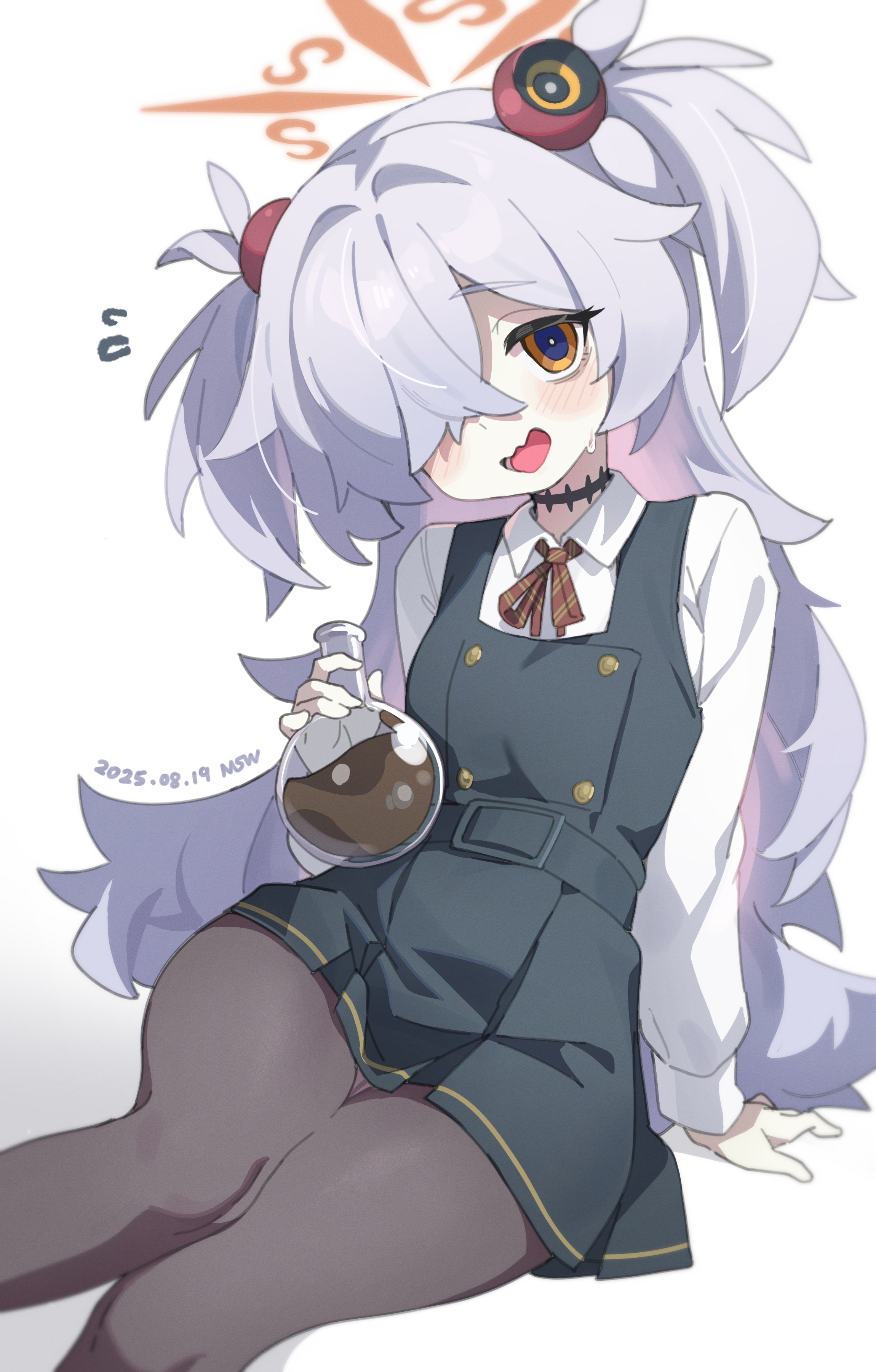 midsummerw, kanoe (blue archive), blue archive, absurdres, highres, 1girl, black pantyhose, blush, brown eyes, brown halo, brown ribbon, buttons, collared shirt, crossed bangs, dated, diagonal-striped ribbon, double-breasted, dress, feet out of frame, flask, grey eyes, grey hair, hair ornament, hair over one eye, halo, holding, holding flask, long hair, long sleeves, looking at viewer, mojyo, neck ribbon, open mouth, pantyhose, pinafore dress, ribbon, shirt, simple background, sitting, sleeveless, sleeveless dress, small sweatdrop, solo, two side up, very long hair, white background, white shirt