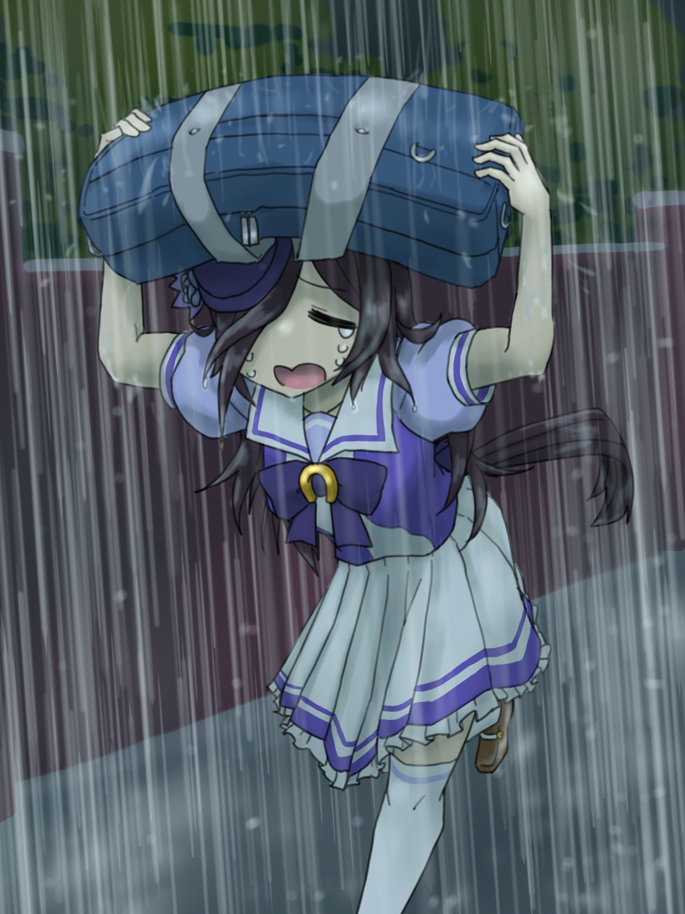 rice shower (umamusume), umamusume, commentary request, highres, 1girl, = =, arms up, bag, bag over head, bare arms, blue bag, blue bow, blue bowtie, blue flower, blue rose, blue serafuku, bow, bowtie, brown hair, brown shoes, crying, flower, furrowed brow, hair over one eye, hat, hat flower, holding, holding bag, horse girl, horse tail, horseshoe ornament, long bangs, long hair, mini hat, open mouth, pleated skirt, puffy short sleeves, puffy sleeves, rain, rose, running, sad, sailor collar, sasori (osakana 01417), school bag, school uniform, serafuku, shoes, short sleeves, sidelocks, skirt, solo, streaming tears, tail, tears, thighhighs, tilted headwear, tracen school uniform, very long hair, wet, wet hair, white sailor collar, white skirt, white thighhighs, zettai ryouiki
