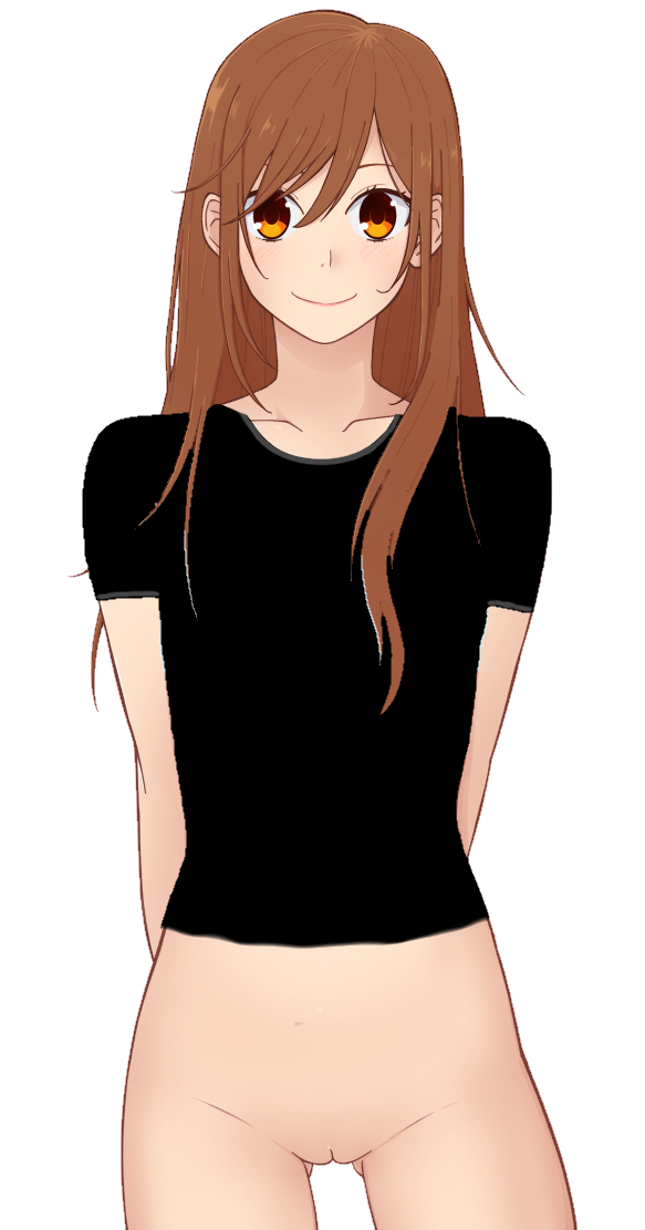 hori kyouko, non-web source, black shirt, breasts, brown eyes, brown hair, gluteal fold, nude, pussy, shirt, small breasts, smile, standing