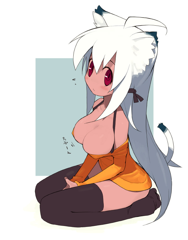 kusaka kokage, kokage-san, original, 1girl, animal ears, breasts, cat ears, cat tail, cleavage, dark-skinned female, dark skin, female focus, kneeling, large breasts, long hair, orange shirt, red eyes, shirt, solo, sweater, tail, thighhighs, white hair