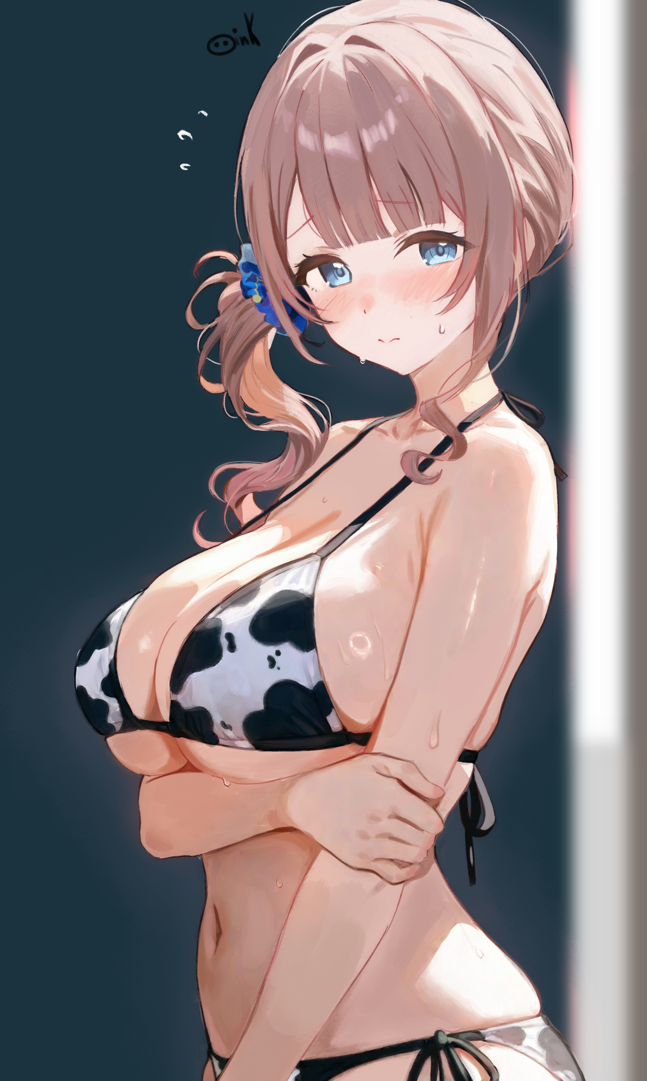 oink (oinkoinkoi), mochizuki honami, project sekai, absurdres, highres, 1girl, animal print, bikini, blue eyes, blush, breasts, brown hair, cleavage, cow print, cow print bikini, flying sweatdrops, hand on own arm, large breasts, long hair, navel, print bikini, side-tie bikini bottom, side ponytail, solo, sweatdrop, swimsuit