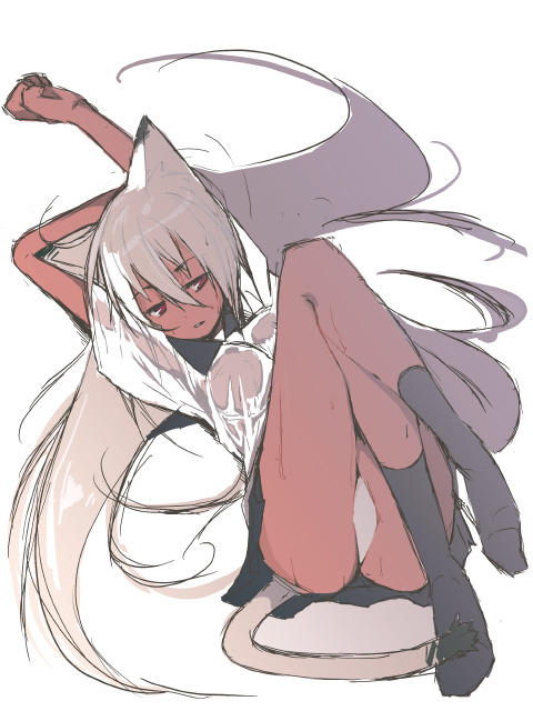 kusaka kokage, kokage-san, original, 1girl, animal ears, breasts, dark-skinned female, dark skin, female focus, full body, legs, medium breasts, panties, pantyshot, plantar flexion, sketch, skirt, socks, solo, stretching, tail, underwear, white hair