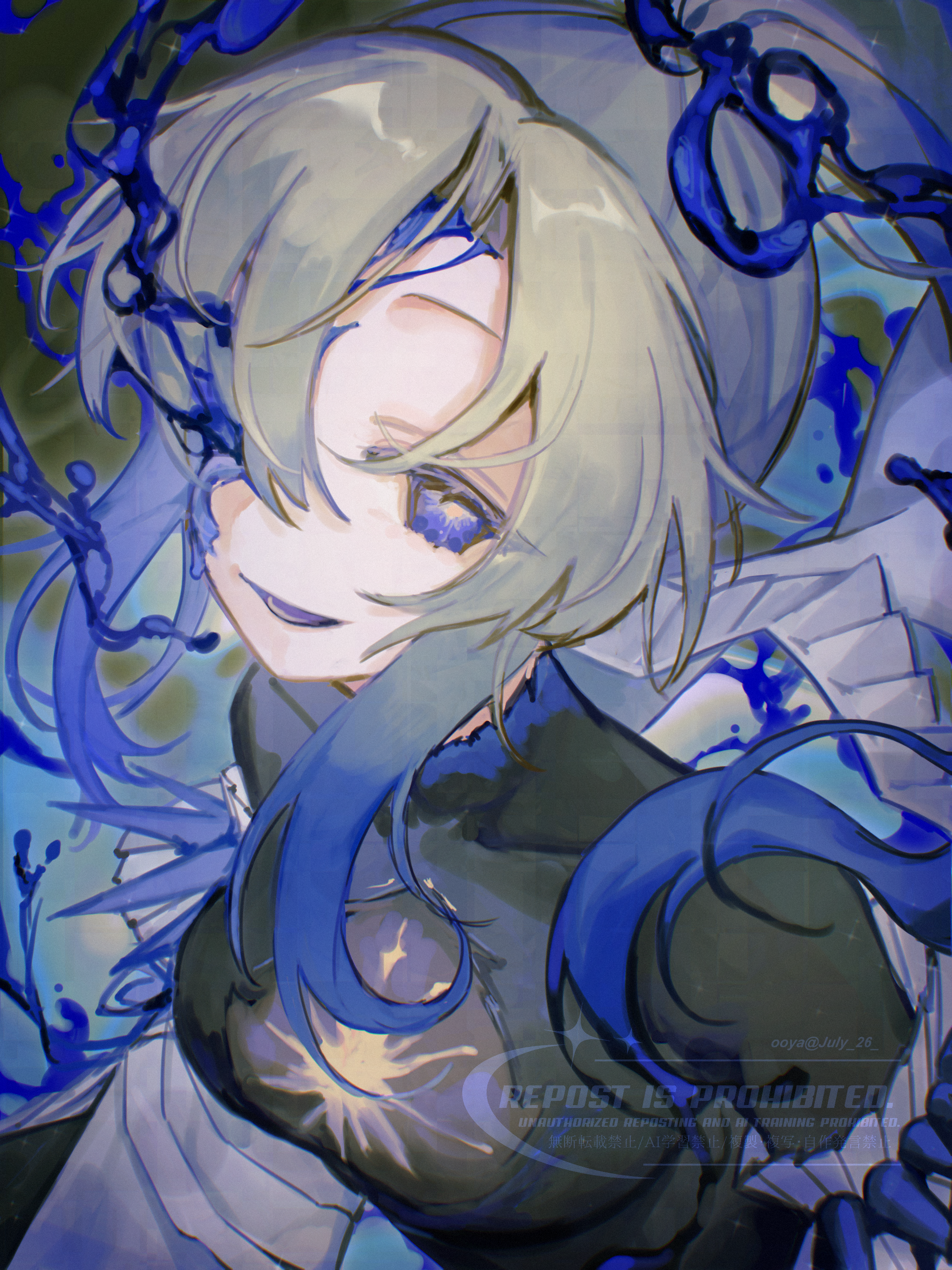 ooya (july 26), arcaea, absurdres, highres, 1girl, black bodysuit, blonde hair, blue eyes, bodystocking, bodysuit, breasts, corruption, curtained hair, green hair, hair over one eye, high ponytail, jacket, medium breasts, medium hair, nonoka (arcaea), nonoka (awakended) (arcaea), one eye covered, ponytail, possessed, smile, solo, watermark, white jacket