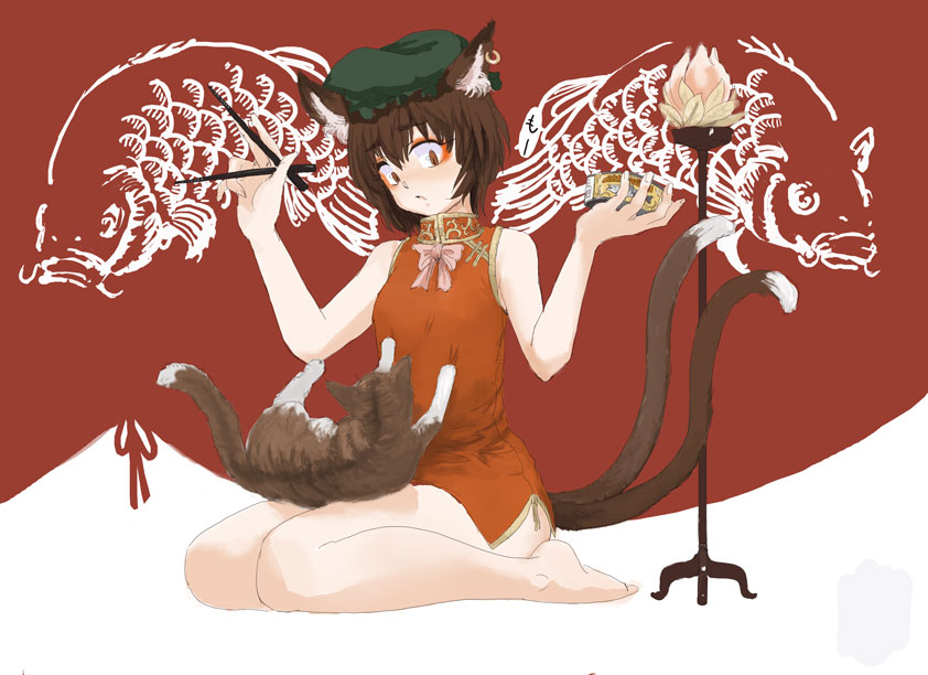 tsurui, chen, touhou, 1girl, animal ears, barefoot, brown eyes, brown hair, can, cat, cat ears, cat tail, china dress, chinese clothes, chopsticks, dress, earrings, eyeshadow, female focus, hat, jewelry, makeup, multiple tails, seiza, sitting, solo, tail