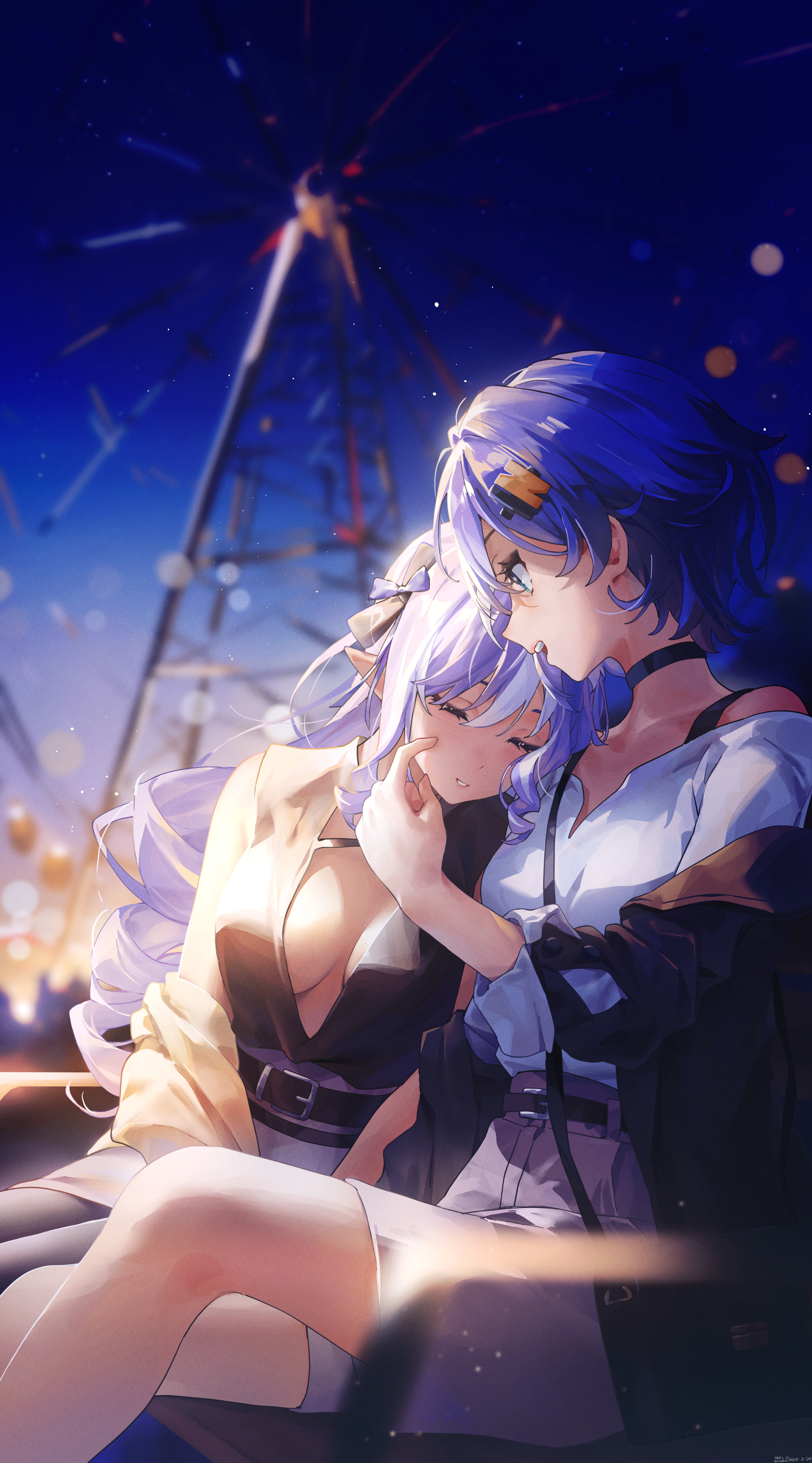 swkl:d, belle (zenless zone zero), vivian banshee, zenless zone zero, absurdres, highres, 2girls, alternate costume, belt, black belt, black choker, black pantyhose, blue hair, blurry, blurry background, breasts, cheek poking, choker, cleavage, curly hair, hair between eyes, hair ornament, jacket, letter hair ornament, long hair, long sleeves, looking at another, medium breasts, multiple girls, off shoulder, open clothes, open jacket, open mouth, outdoors, pantyhose, parted lips, pointy ears, poking, purple hair, shirt, short hair, shorts, sitting, smile, teeth, white shirt