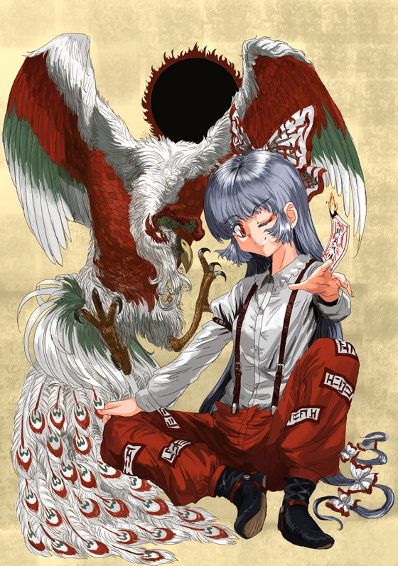 tsurui, fujiwara no mokou, touhou, 1girl, bird, female focus, full body, sitting, solo, suspenders