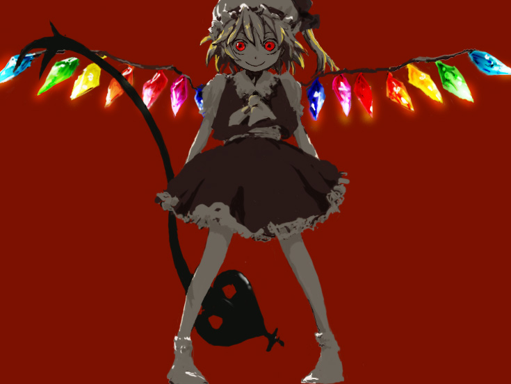 flandre scarlet, touhou, 1girl, ascot, collar, crazy eyes, crystal, evil smile, female focus, frills, holding, holding weapon, looking at viewer, oekaki, pigeon-toed, polearm, puffy short sleeves, puffy sleeves, rainbow order, red background, red eyes, short sleeves, simple background, smile, socks, solo, spear, weapon, white socks, wings