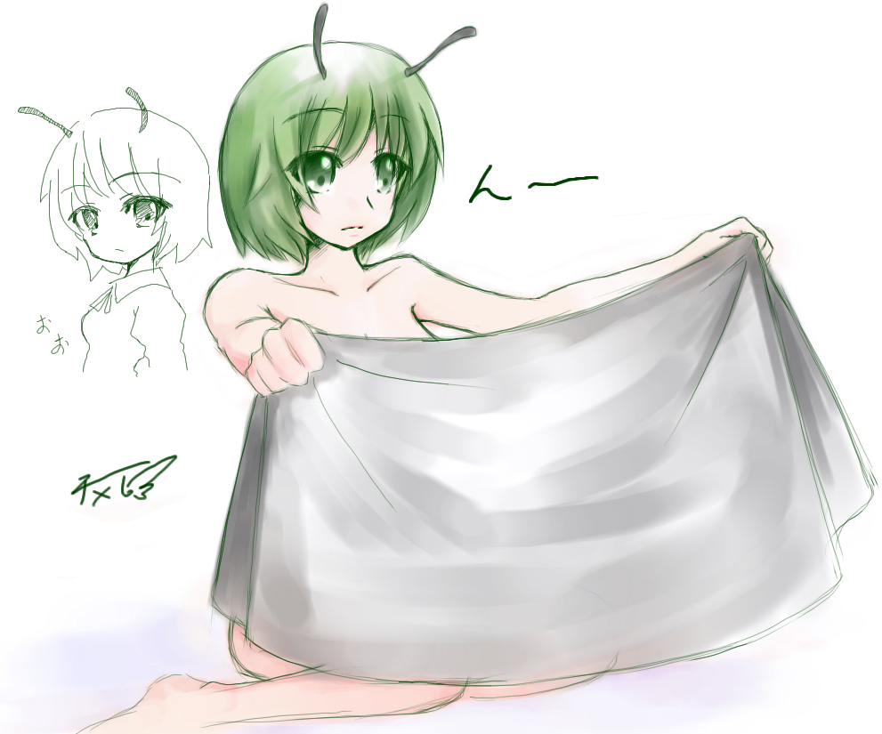milksea, wriggle nightbug, touhou, 1girl, aged up, antennae, completely nude, female focus, gradient background, green hair, nude, oekaki, partially colored, reference sheet, short hair, solo, white background