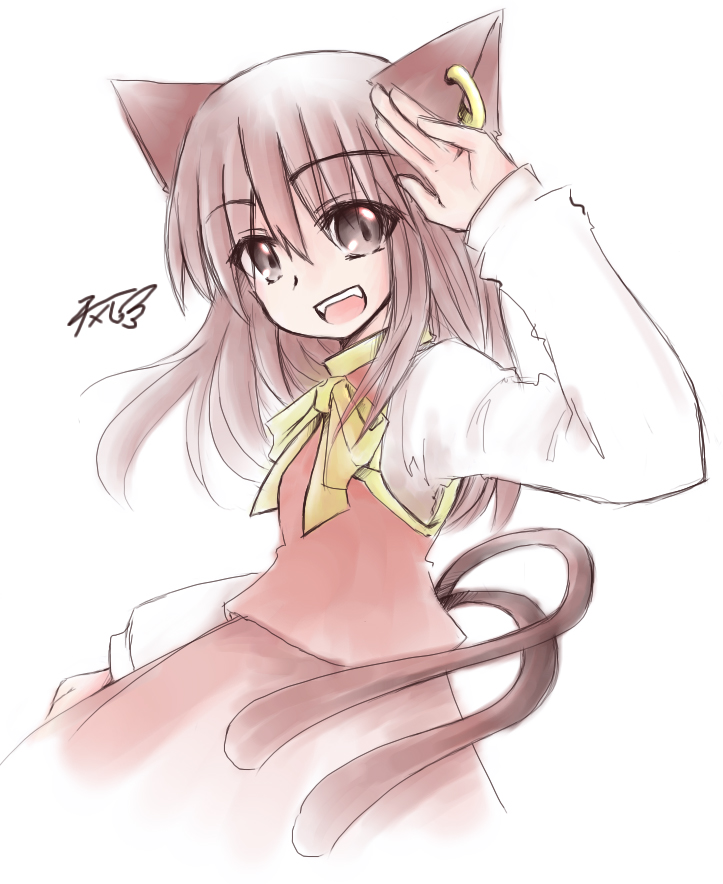 milksea, chen, touhou, 1girl, aged up, alternate hairstyle, animal ears, brown eyes, brown hair, cat ears, cat girl, cat tail, earrings, female focus, jewelry, multiple tails, oekaki, skirt, solo, tail, two tails, white background