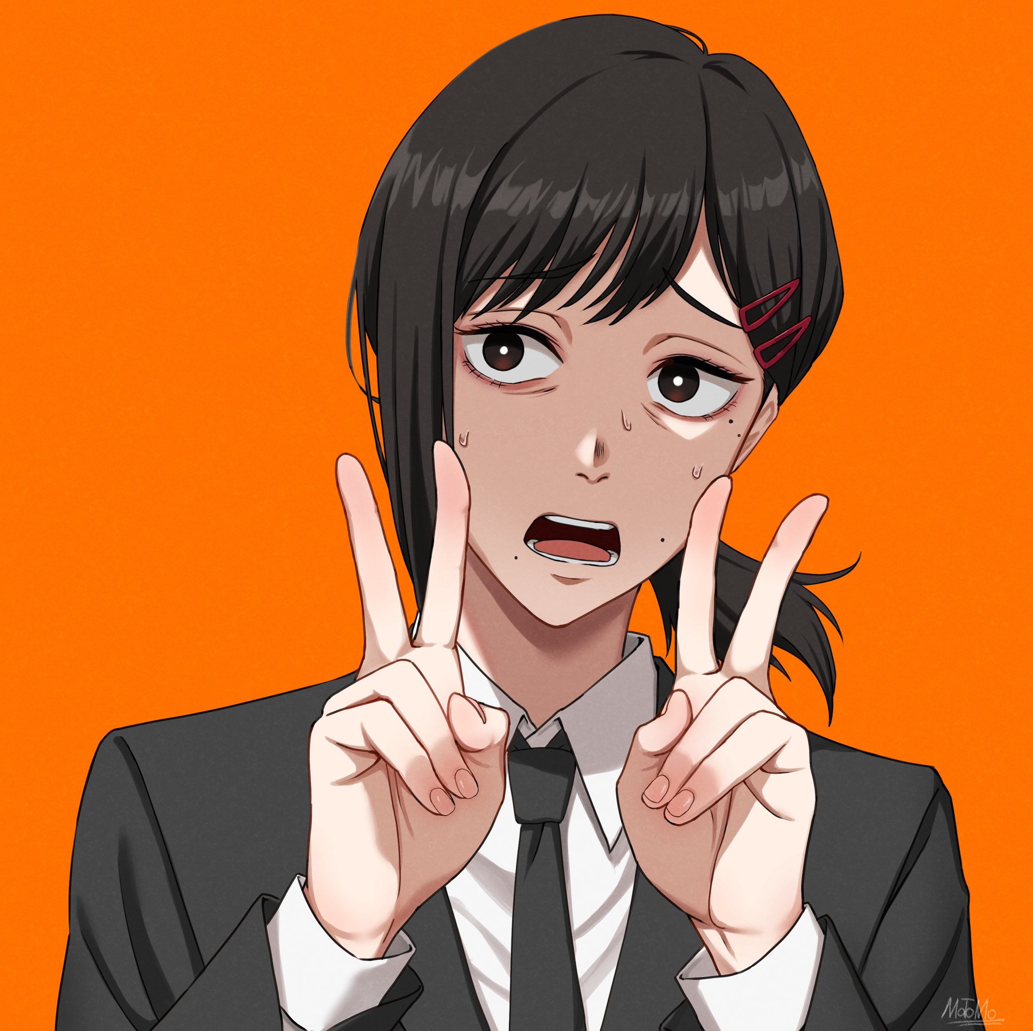 matomo, higashiyama kobeni, chainsaw man, highres, 1girl, black eyes, black hair, black jacket, black necktie, collared shirt, double v, hair ornament, hairclip, hands up, jacket, mole, mole under eye, necktie, office lady, orange background, ponytail, shirt, short ponytail, simple background, single sidelock, solo, suit jacket, sweat, v, white shirt