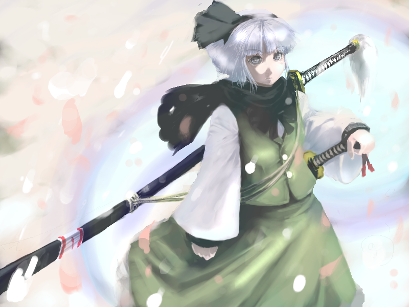 nekoita, konpaku youmu, konpaku youmu (ghost), touhou, 1girl, female focus, hitodama, katana, oekaki, scarf, sheath, sheathed, solo, sword, weapon