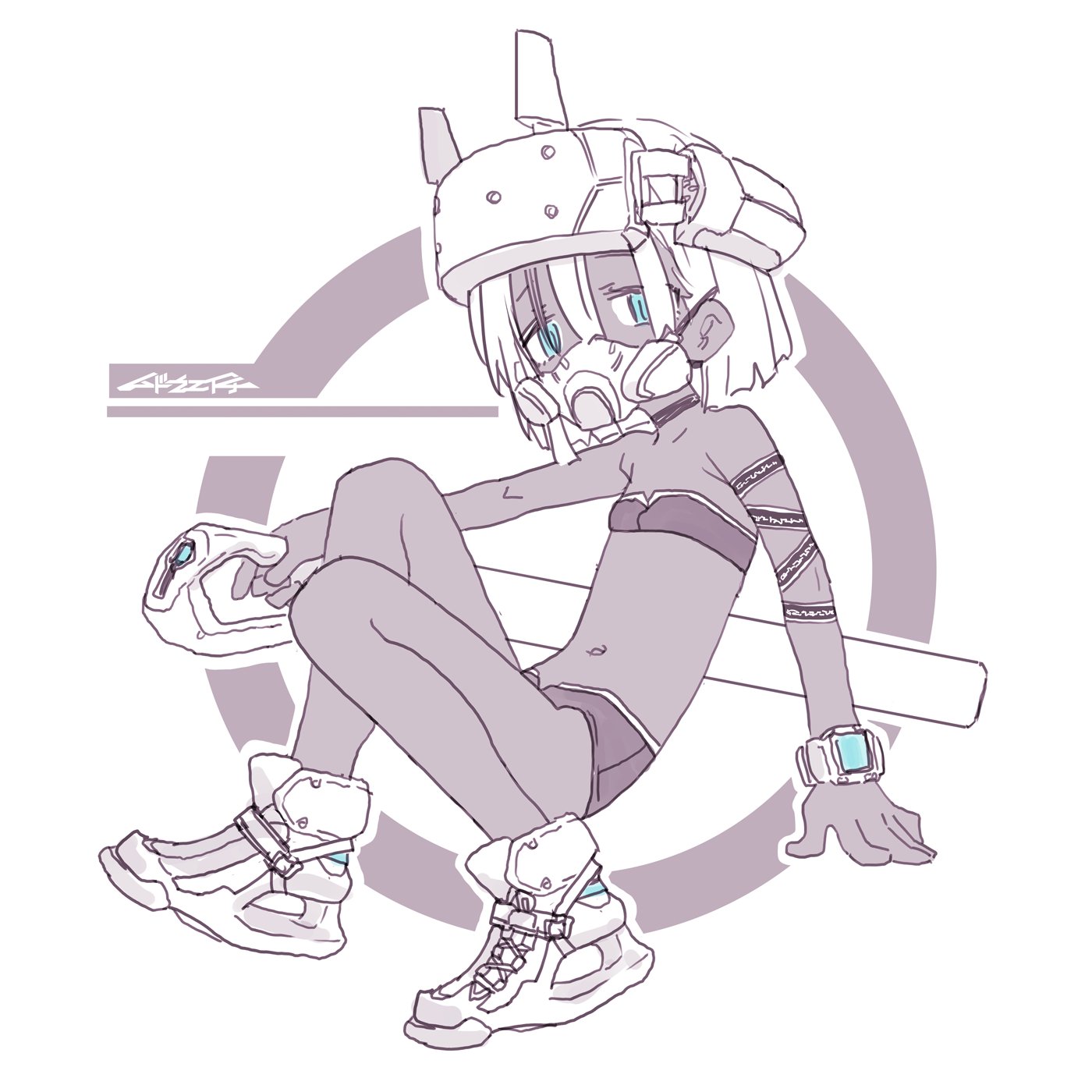 mudou eichi, original, highres, 1girl, blue eyes, bra, dark skin, gas mask, holding, holding sword, holding weapon, mask, mechanical sword, shoes, shorts, solo, sword, underwear, watch, weapon, white hair, white shoes