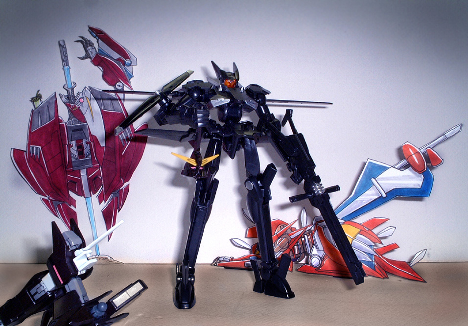 flag custom, gundam throne drei, gundam throne eins, gundam throne zwei, gundam, gundam 00, papercraft (medium), photo (medium), unconventional media, 00s, all the way through, broken, death, defeated villainess, dying, energy sword, gun, huge weapon, impaled, mecha, robot, ryona, skewer, sword, weapon