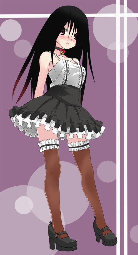 ekra, komori kiri, sayonara zetsubou sensei, 00s, 1girl, arms behind back, black hair, brown eyes, female focus, frilled thighhighs, frills, hair over eyes, lens flare, long hair, solo, thighhighs, zettai ryouiki