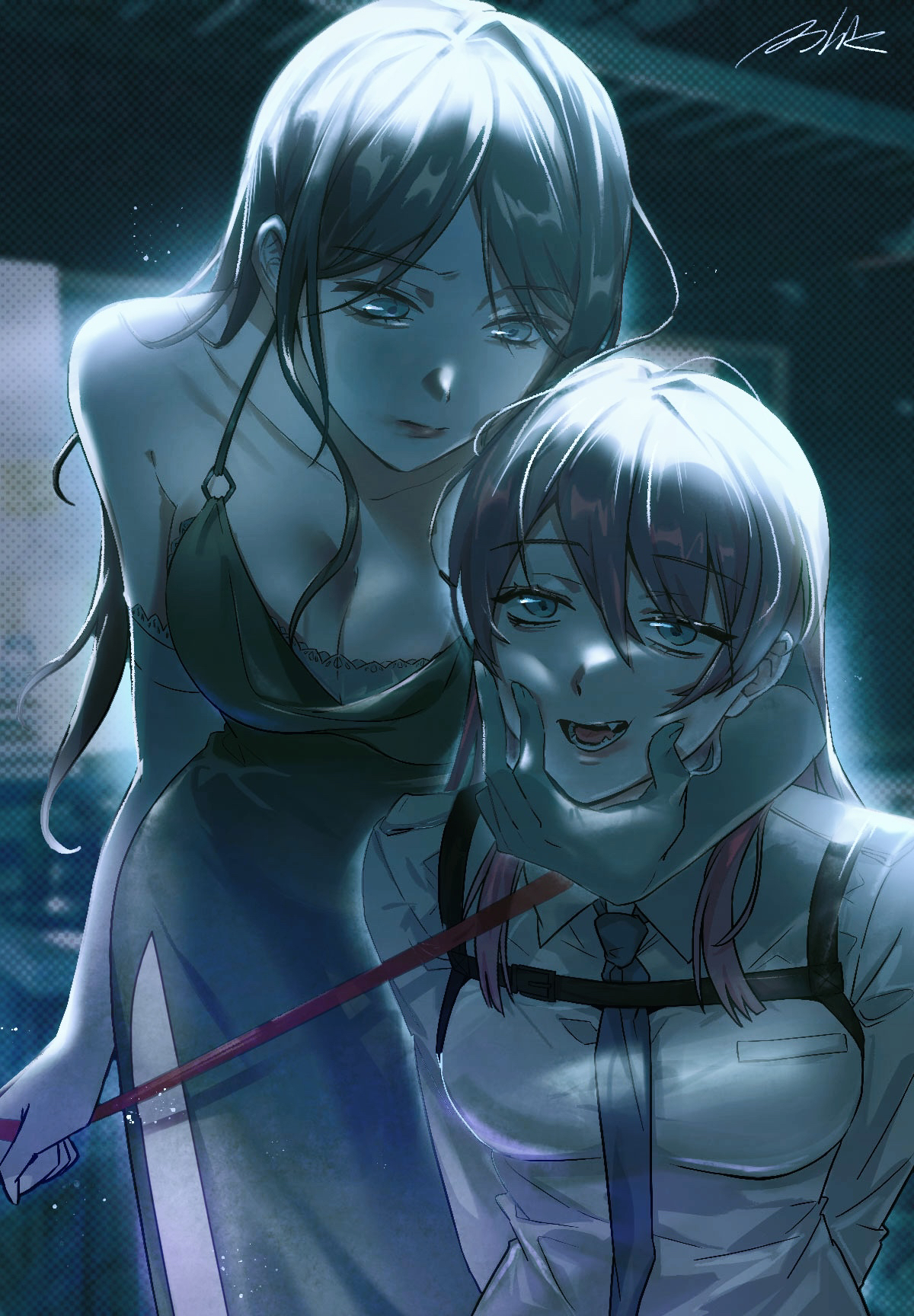 chihaya anon, nagasaki soyo, bang dream!, bang dream! it's mygo!!!!!, chinese commentary, commentary request, highres, 2girls, breasts, cheek squash, cleavage, closed mouth, dress, elbow gloves, fang, gloves, grey eyes, hair between eyes, holding, holding leash, large breasts, leash, long hair, medium breasts, mmmo milk, multiple girls, muted color, necktie, open mouth, pink hair, restrained, shirt, teeth, yuri