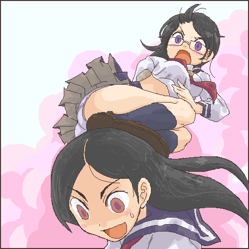 fujiyoshi harumi, kitsu chiri, sayonara zetsubou sensei, lowres, 00s, 2girls, ass, black hair, breasts, empty eyes, female focus, flying kick, kicking, long hair, multiple girls, oekaki, panties, pantyshot, parted bangs, purple eyes, school uniform, serafuku, shoes, short hair, socks, surprised, underwear