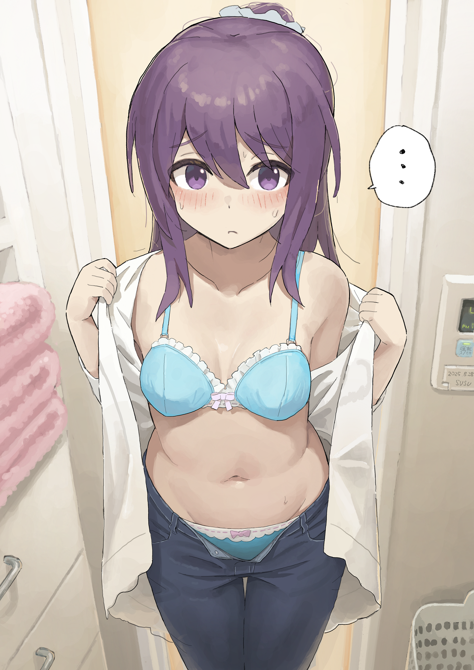 susu (ysy), original, commentary request, highres, …, 1girl, aqua bra, aqua panties, blush, bow, bow bra, bow panties, bra, breasts, closed mouth, cowboy shot, denim, hair between eyes, indoors, jeans, light frown, long bangs, long hair, looking at viewer, medium breasts, navel, open clothes, open fly, open pants, open shirt, panties, pants, purple hair, raised inner eyebrows, shirt, speech bubble, spoken ellipsis, standing, stomach, straight-on, sweat, underwear, undressing, white shirt