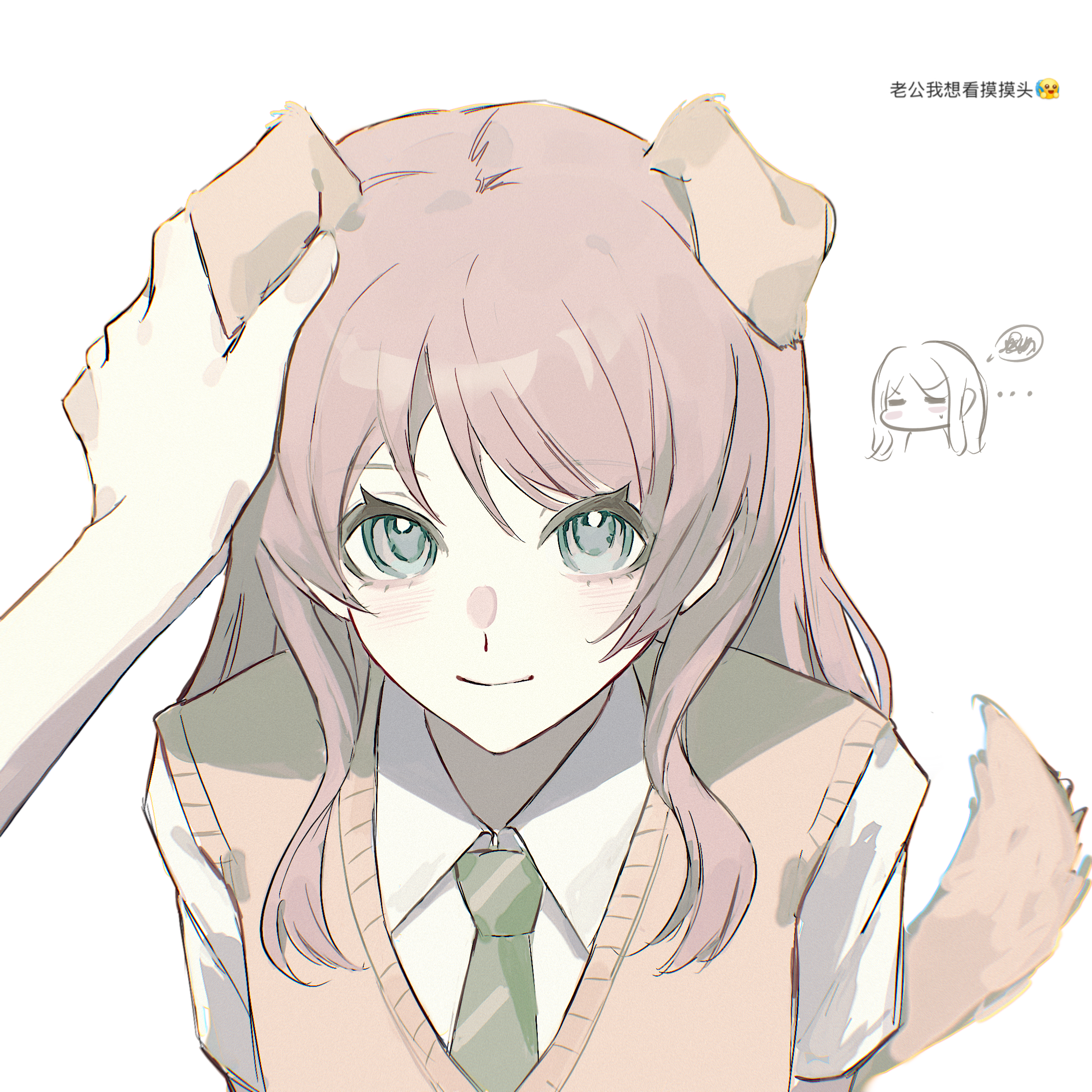 chihaya anon, nagasaki soyo, bang dream!, bang dream! it's mygo!!!!!, chinese commentary, commentary request, highres, translation request, 2girls, animal ears, chinese text, closed mouth, collared shirt, dog ears, dog girl, dog tail, doodle inset, hand on another's head, haneoka school uniform, headpat, kemonomimi mode, lanmei guojiang qu qi bing, long hair, looking at viewer, multiple girls, out of frame, petting, pink hair, pov, pov hands, school uniform, shirt, sidelocks, simple background, smile, solo focus, sweater vest, tail, upper body, white background, white shirt, yuri