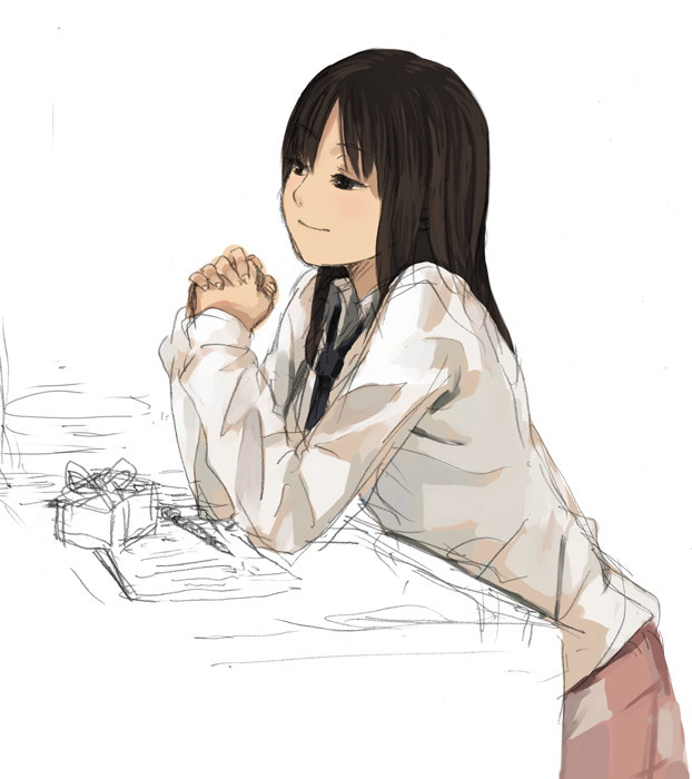tamaru tokihiko, original, 1girl, black eyes, black hair, box, closed mouth, elbow rest, female focus, gift, gift box, interlocked fingers, leaning forward, long hair, long sleeves, necktie, own hands clasped, own hands together, simple background, sketch, smile, solo, white background