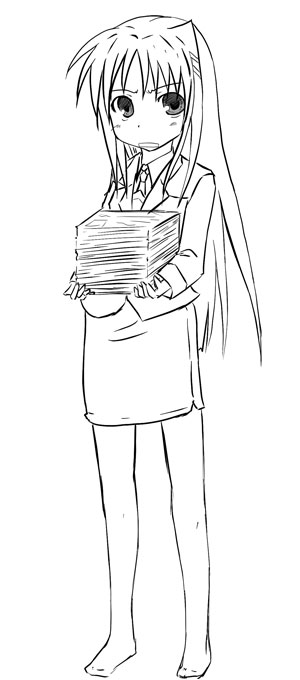 mamoi, reinforce zwei, lyrical nanoha, mahou shoujo lyrical nanoha, mahou shoujo lyrical nanoha strikers, 00s, 1girl, female focus, full body, greyscale, long hair, long sleeves, looking at viewer, military, military uniform, monochrome, paper, paper stack, pencil skirt, side slit, simple background, skirt, solo, standing, very long hair, white background