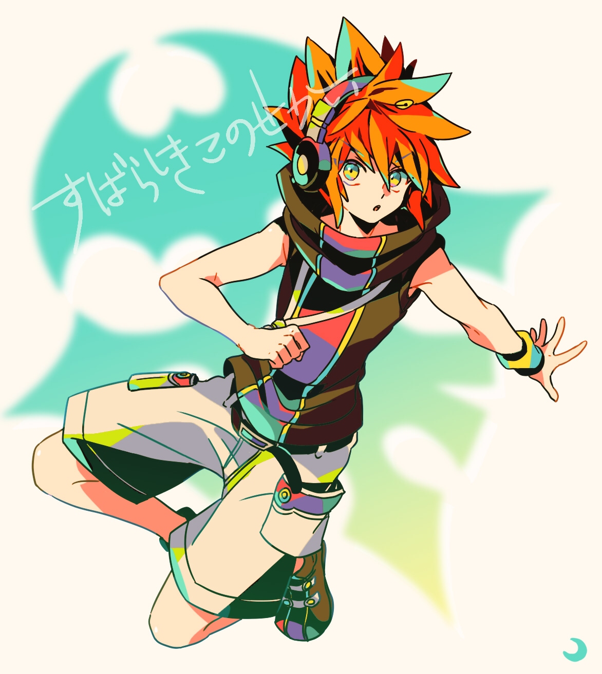 mizuki tsukimori, sakuraba neku, subarashiki kono sekai, highres, translation request, 1boy, black jacket, black shoes, full body, headphones, jacket, looking at viewer, male focus, open mouth, orange hair, shoes, short hair, shorts, sleeveless, sleeveless jacket, solo, white shorts, wristband, yellow eyes