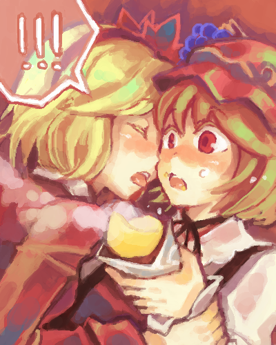 aki minoriko, aki shizuha, touhou, lowres, 2girls, blonde hair, closed eyes, female focus, food, fruit, grapes, hair ornament, hat, leaf, leaf hair ornament, leaf on head, multiple girls, object on head, red eyes, roasted sweet potato, short hair, siblings, sisters, steam, sweet potato, tongue