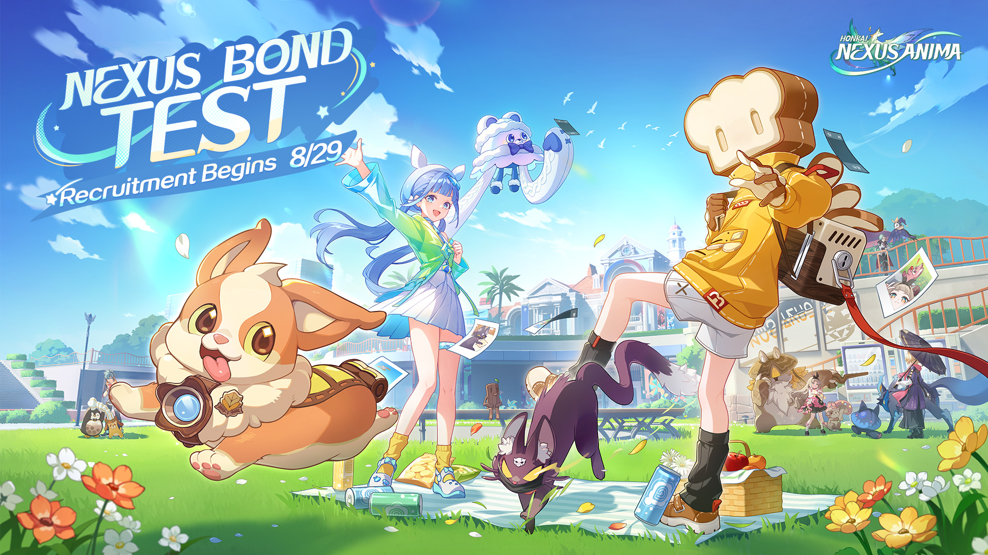honkai: nexus anima, honkai (series), character request, commentary, english commentary, highres, official art, 2boys, 2girls, 2others, animal, animal ears, blue eyes, blue hair, blue sky, bobabirb (honkai: nexus anima), bread, cat, cloud, day, dog, dog ears, donubi (honkai: nexus anima), english text, flower, food, grass, green jacket, hua (honkai: nexus anima), jacket, kumyo kyo (honkai: nexus anima), long hair, mapel manybell (honkai: nexus anima), mascot head, multiple boys, multiple girls, multiple others, mushgloomini (honkai: nexus anima), nanafey (honkai: nexus anima), nomnom (honkai: nexus anima), open mouth, outdoors, puddlipup (honkai: nexus anima), shorts, skirt, sky, tail, taileep (honkai: nexus anima), waving, white skirt