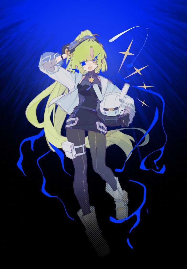 arcaea, 1girl, black gloves, black shirt, black skirt, black thighhighs, blue eyes, boots, breasts, curtained hair, full body, gloves, goggles, goggles on head, green hair, high ponytail, jacket, knee boots, leather, leather skirt, medium breasts, medium hair, nonoka (arcaea), ponytail, possessed, see-through clothes, shirt, skirt, solo, thigh strap, thighhighs, two-tone gloves, white boots, white jacket, white sleeves, xiaoluo0512, yellow eyes, yellow gloves
