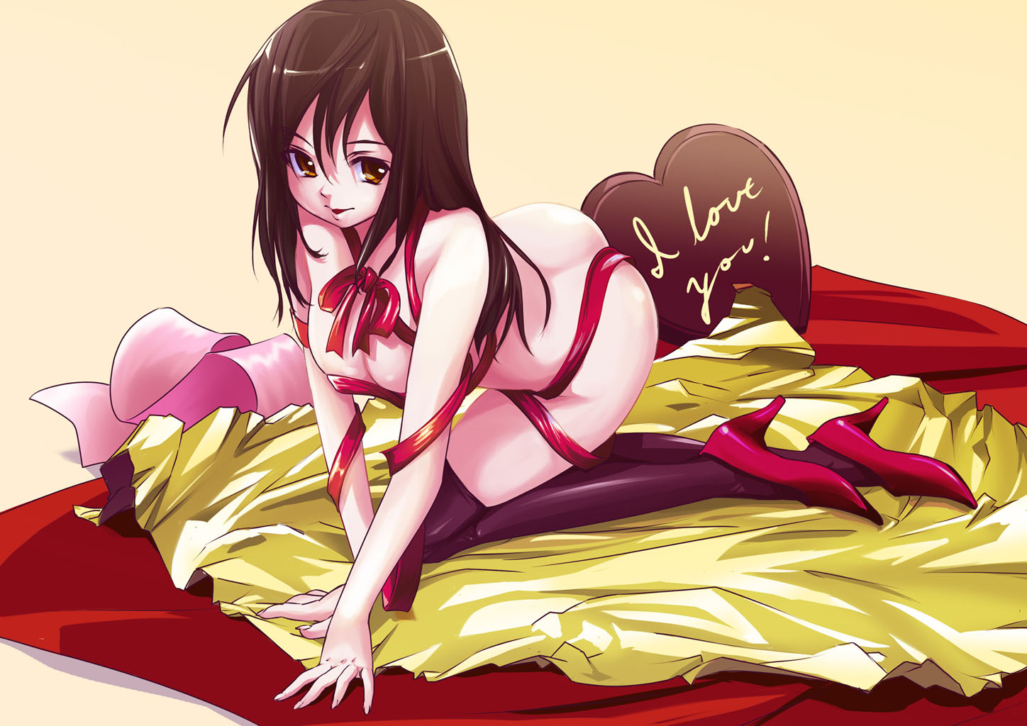 st+1, original, high heels, naked ribbon, ribbon, shoes, solo, thighhighs, valentine