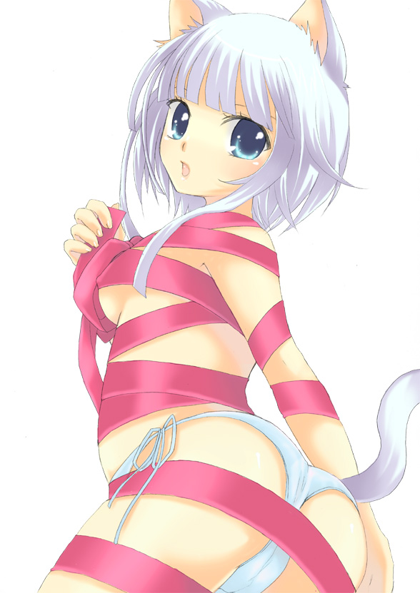 sakurai unan, 1girl, animal ears, ass, breasts, cat ears, female focus, medium breasts, naked ribbon, no bra, panties, ribbon, side-tie panties, simple background, solo, standing, underwear, valentine, white background