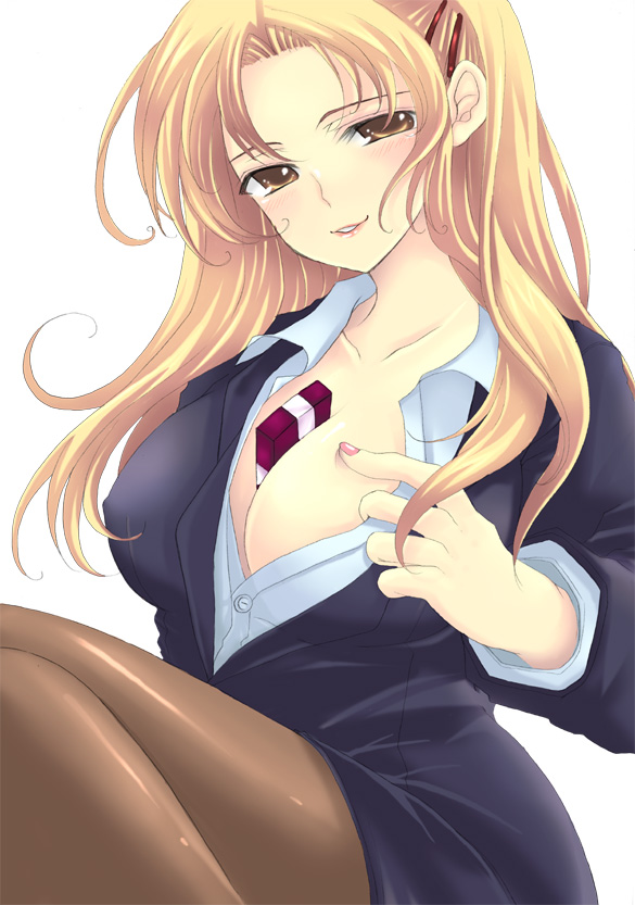 sakurai unan, eyebrows, 1girl, between breasts, black pantyhose, blonde hair, blush, box, breasts, brown eyes, business suit, cleavage, collarbone, covered erect nipples, female focus, fingernails, formal clothes, gift, gift box, hair ornament, hairclip, large breasts, lips, lipstick, long hair, long sleeves, makeup, nail polish, naughty face, open clothes, open shirt, pantyhose, parted lips, pink lips, pink nails, pointing, shirt, simple background, sitting, smile, solo, suit, valentine, white background