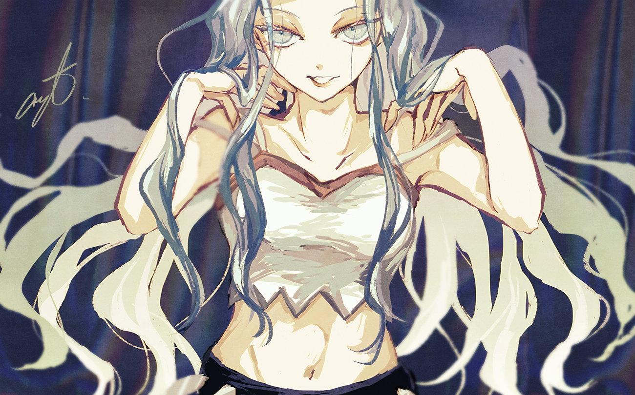 karen (pokemon), nintendo, pokemon, pokemon gsc, commentary request, 1girl, black pants, blue background, collarbone, grey eyes, grey hair, long hair, looking at viewer, midriff, navel, pants, shiratama14, shirt, signature, solo, strap slip, very long hair, white shirt