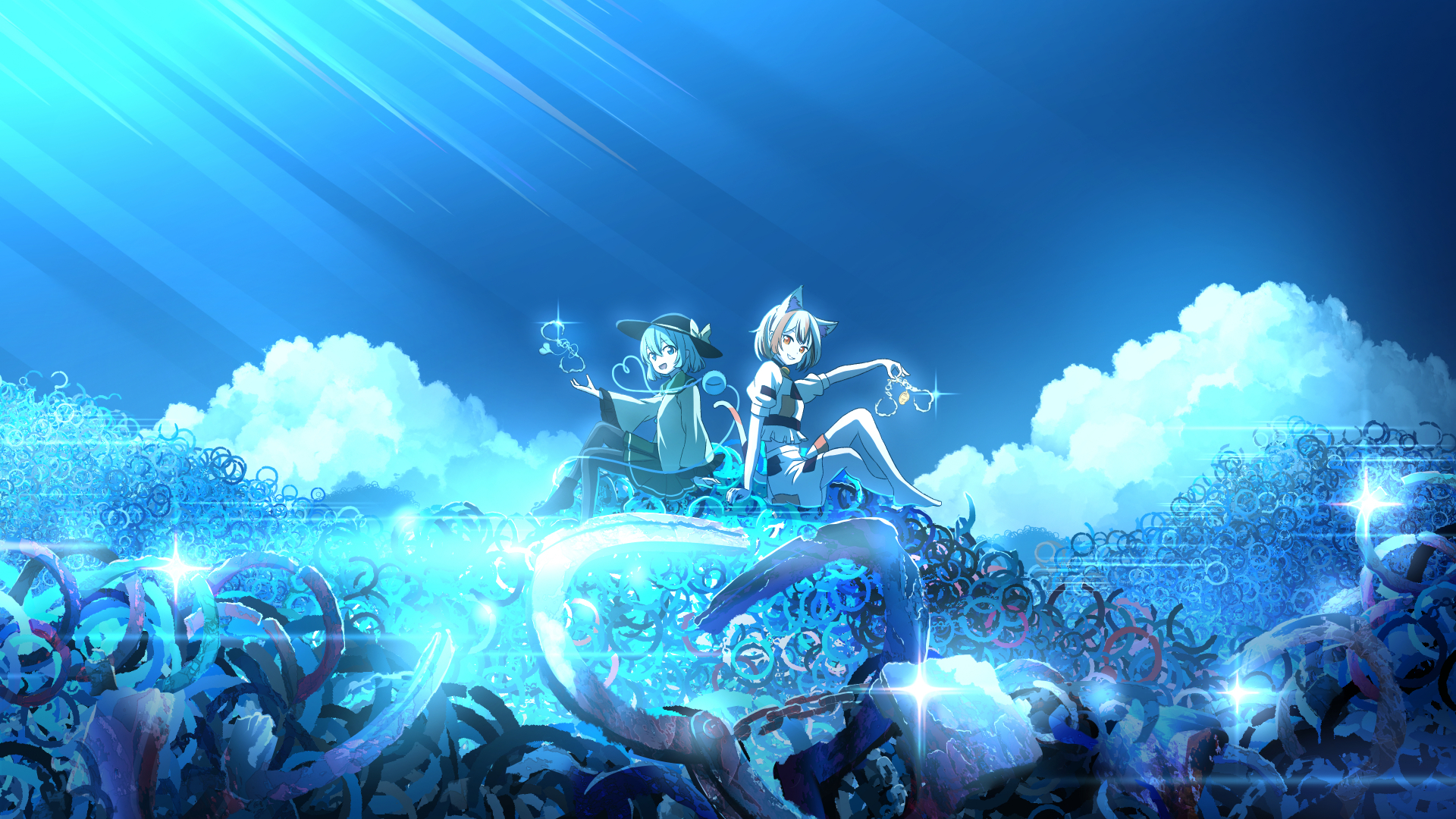 endlesscat, goutokuji mike, komeiji koishi, touhou, commentary request, highres, 2girls, animal ear fluff, animal ears, barefoot, black hat, bob cut, cat ears, cat tail, cloud, cuffs, day, from side, hand up, handcuffs, hat, holding, holding handcuffs, light rays, long sleeves, looking at viewer, looking to the side, multicolored hair, multiple girls, outdoors, rubble, scenery, shirt, short hair, short sleeves, sitting, skirt, sunbeam, sunlight, tail, turning head, wide shot, wide sleeves