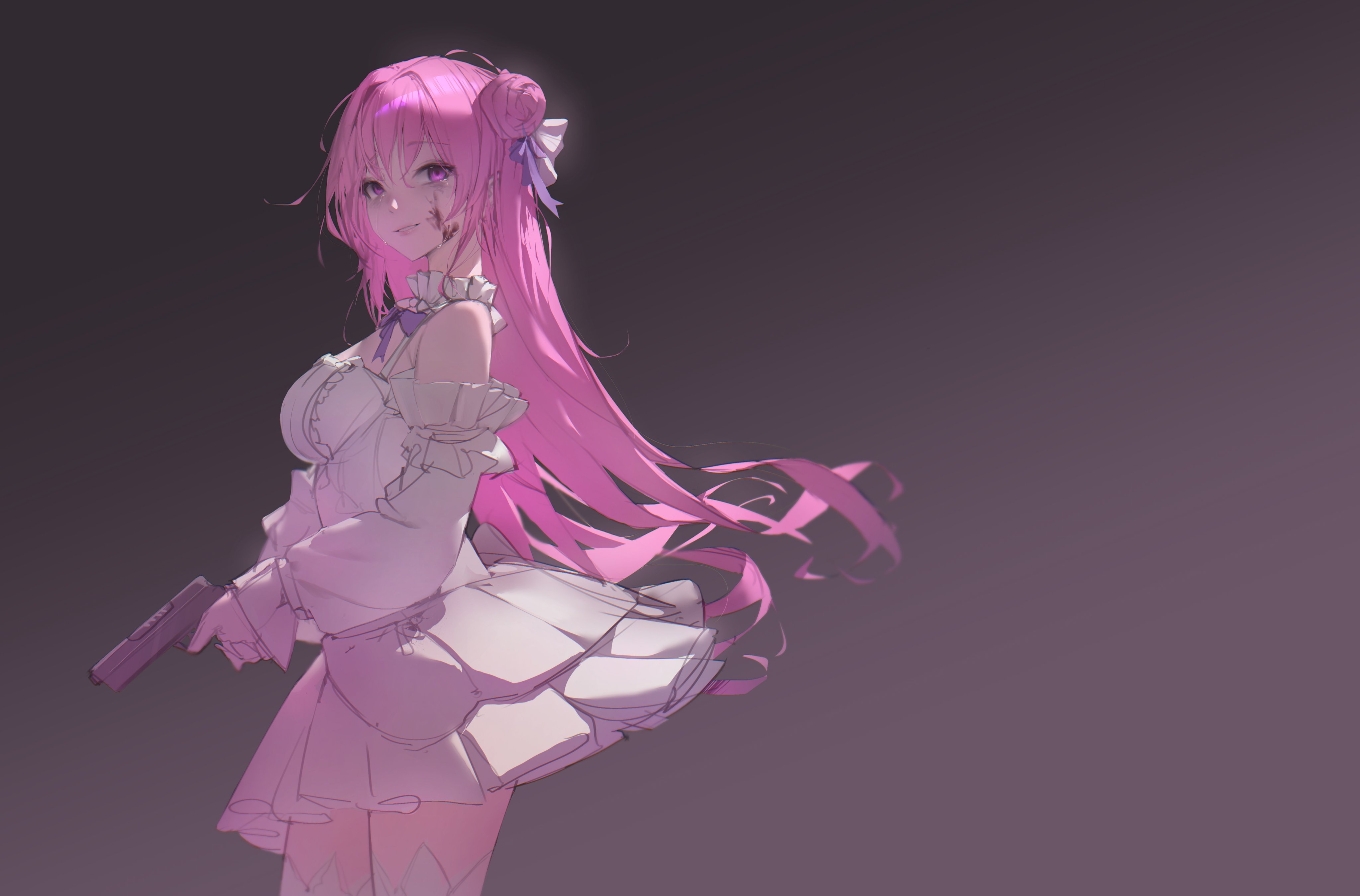 dorothy (nikke), goddess of victory: nikke, absurdres, highres, 1girl, blood, blood on face, breasts, dress, frills, gun, hair bun, hair intakes, hakkun270, handgun, holding, holding gun, holding weapon, large breasts, long hair, pink hair, purple eyes, single side bun, very long hair, weapon