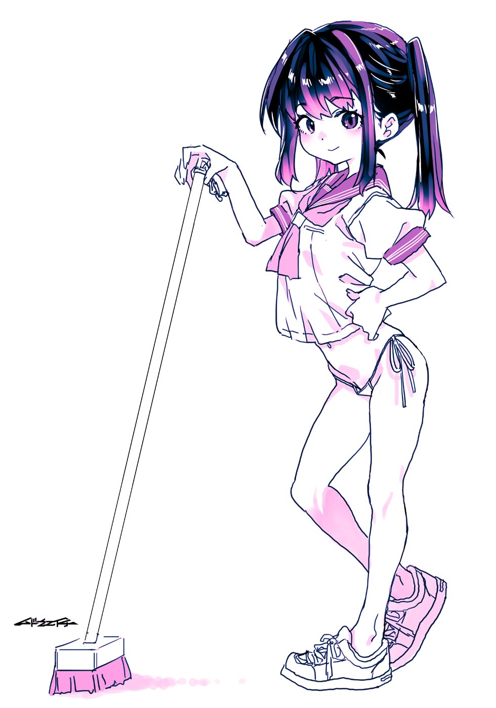 mudou eichi, original, highres, 1girl, broom, flat chest, hand on own hip, holding, holding broom, looking at viewer, no pants, shoes, sneakers, solo, twintails, white background