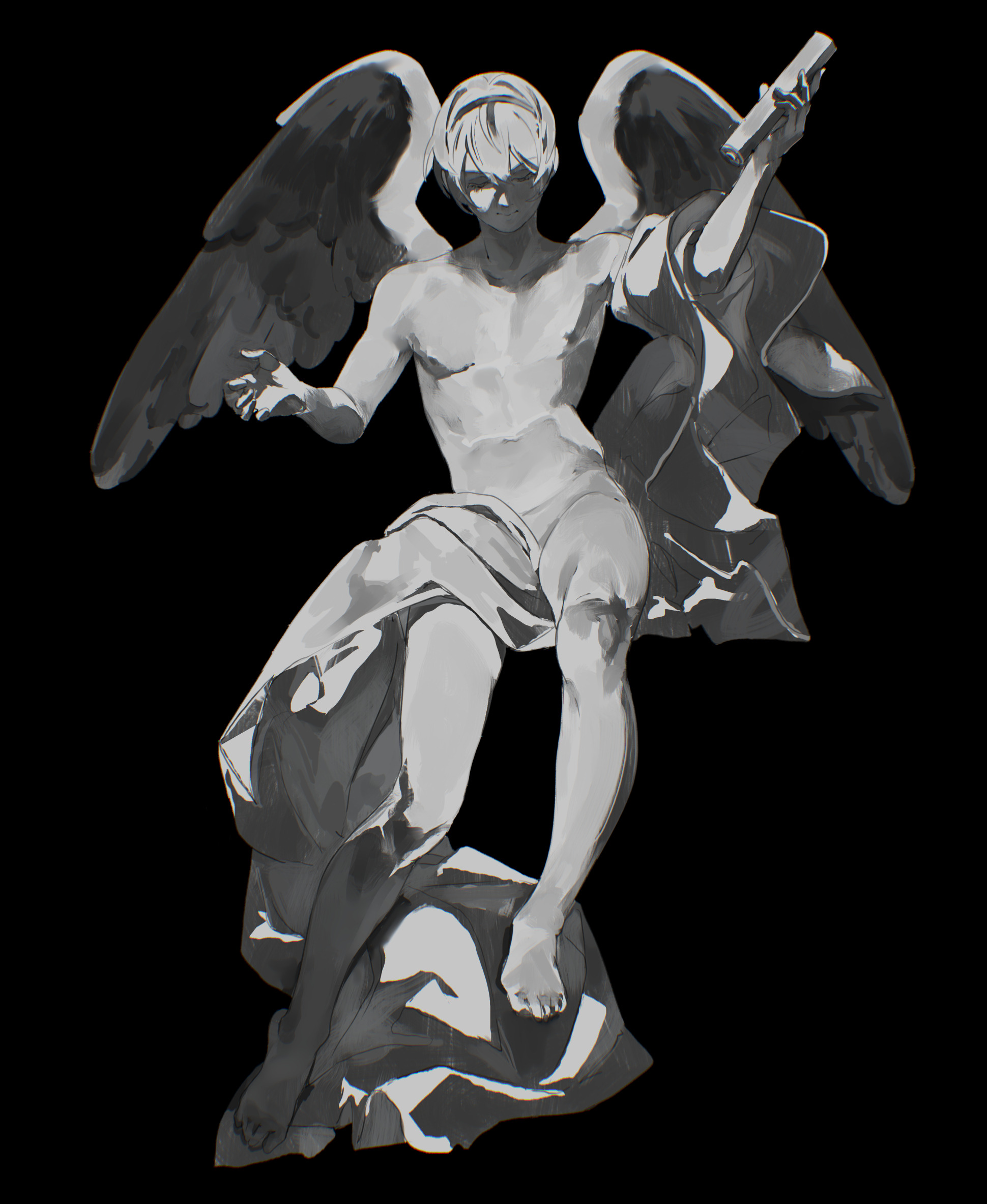 ai-wa, leo (fire emblem fates), fire emblem, fire emblem fates, nintendo, highres, 1boy, angel, angel wings, barefoot, black background, double-parted bangs, feathered wings, hair between eyes, holding, holding scroll, male focus, marble (stone), marble sculpture, robe, scroll, sculpture, short hair, simple background, solo, wings